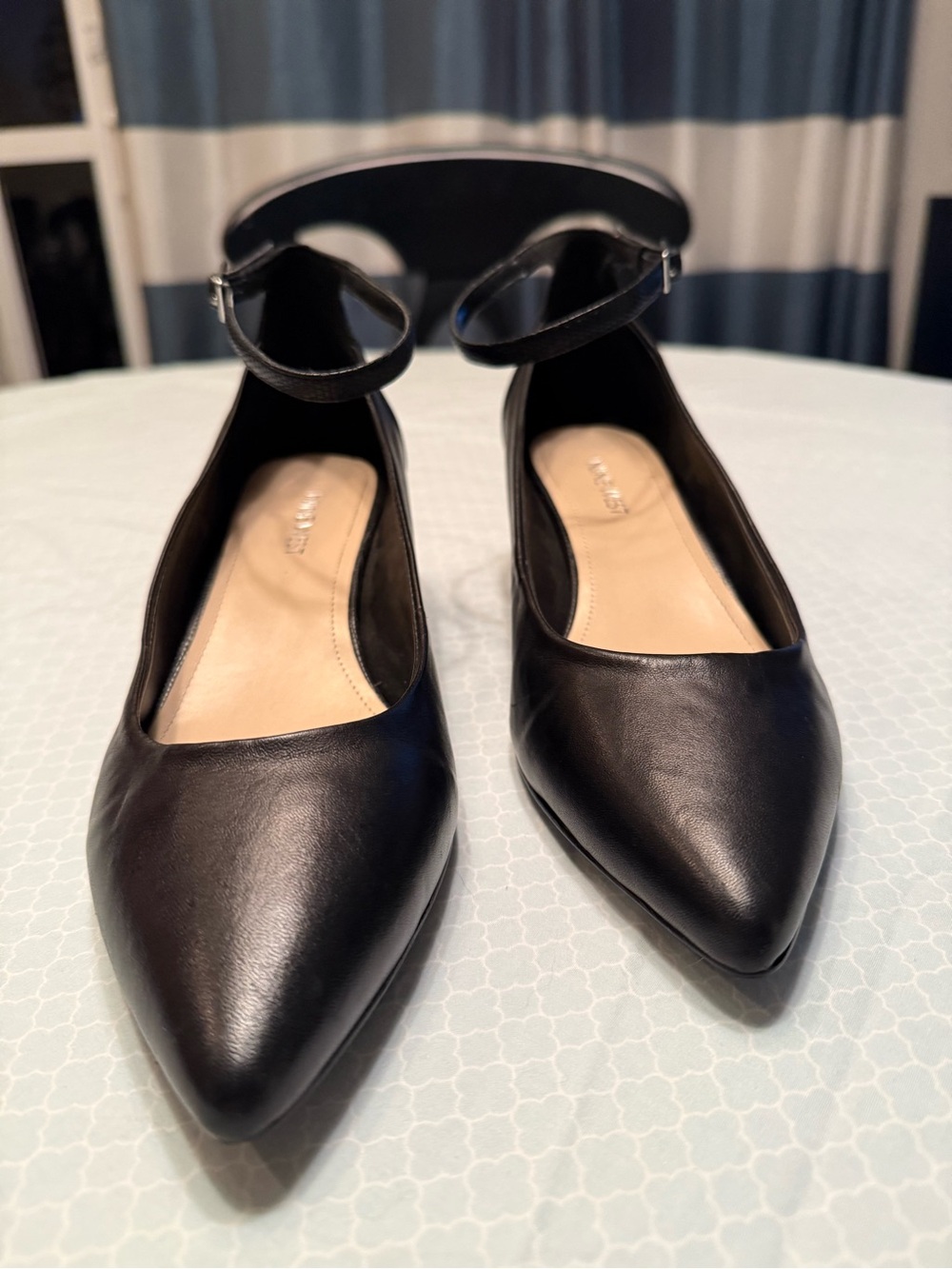 Nine West Black Pointed-Toe Low Wedge Ankle-Strap Heels